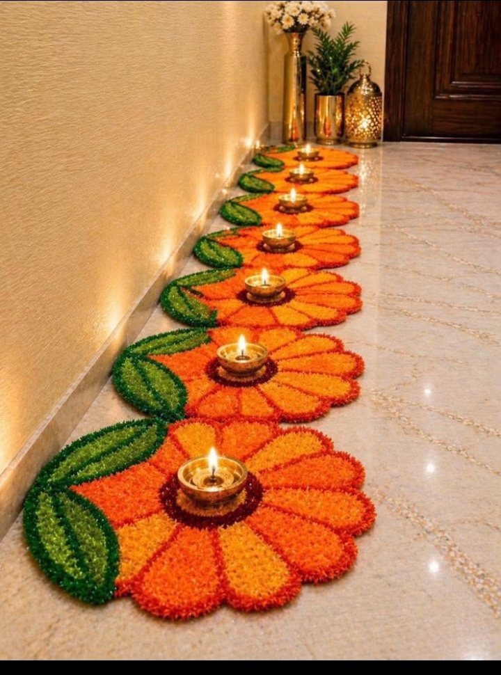 Orange diya flower rangoli mats lining a festive corridor