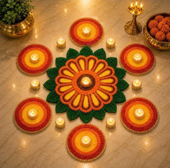 Marigold diya centrepiece set with lit candles by Ashwa Handicraft