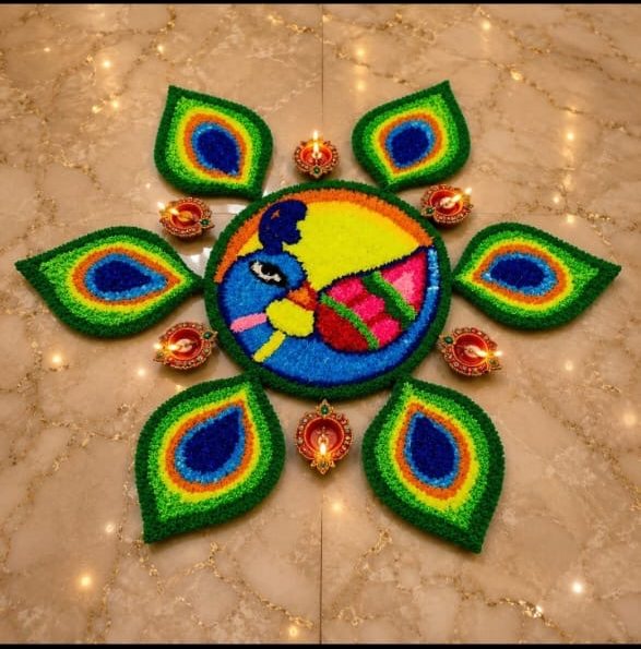 Peacock rangoli set with feather-motif petals and diyas