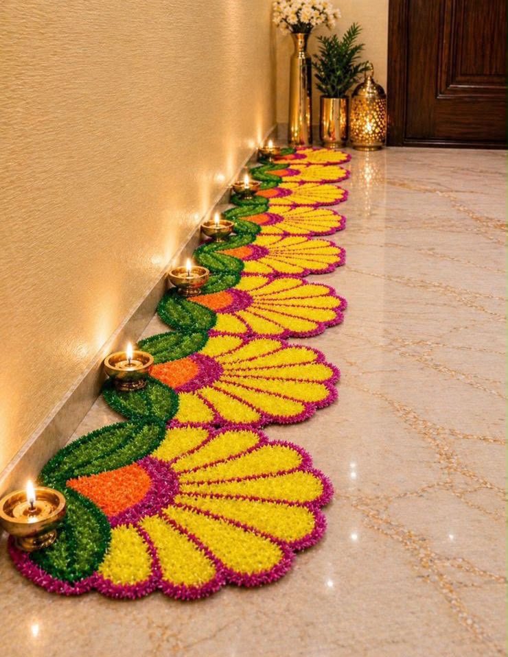Yellow fan border rangoli mats with diyas styled along a corridor