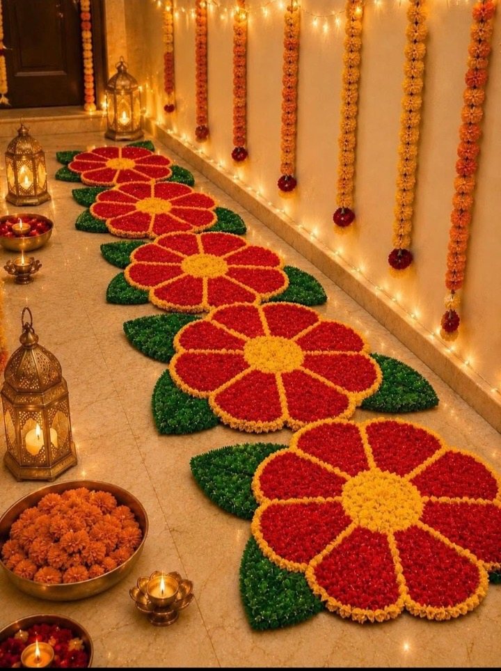Red floral rangoli mats with golden centres and green leaves styled along a festive corridor with lanterns